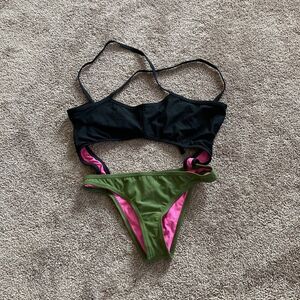 Speedo Black and Olive Green One-Piece with Pink Lining